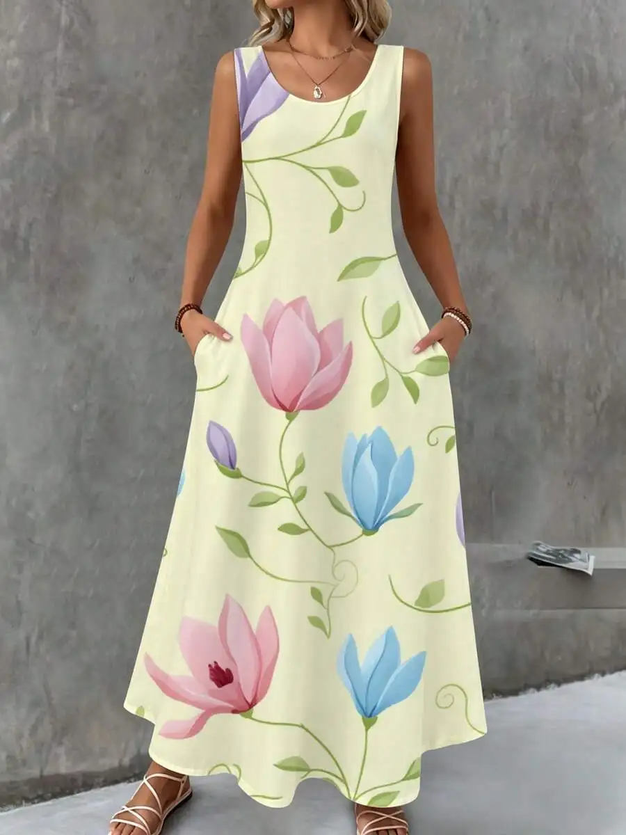 

Floral Print Sleeveless Maxi Dress Light Yellow With Pink Blue Flowers Summer Beach Vacation Wear