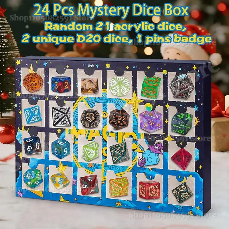 

24-Hole Advent Calendar Dice Box Christmas Countdown Gift with Metal Badges for Tabletop RPG Board Game Party Favor