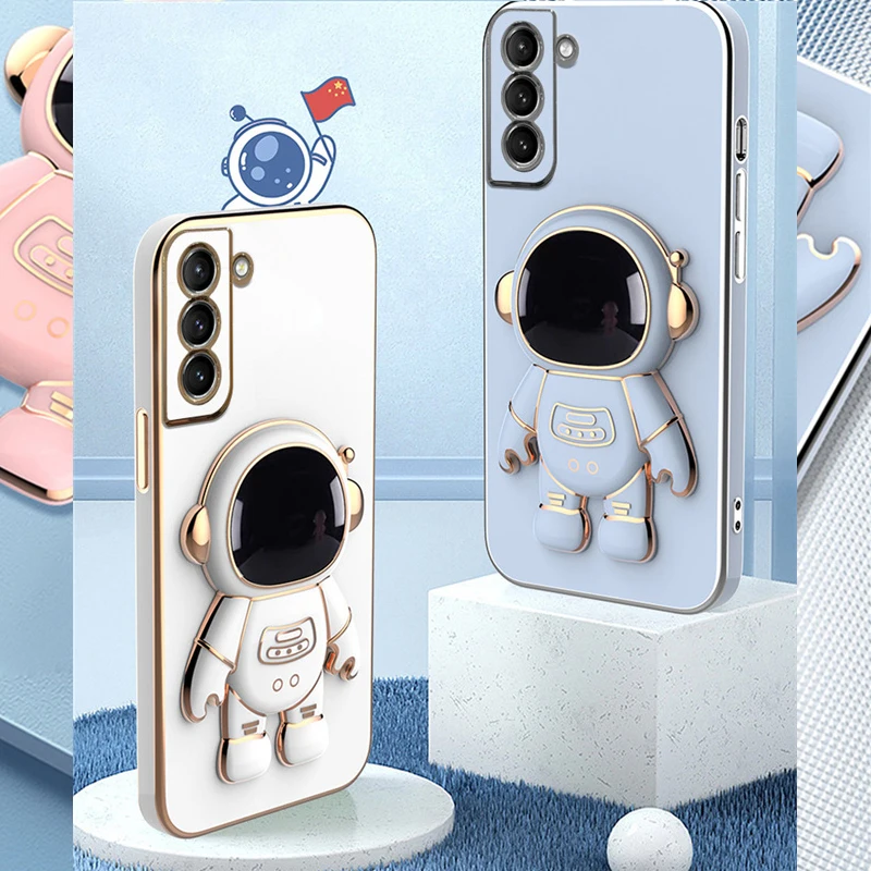 Astronaut Plating Stand Holder Case For Tecno Spark 8C 9T 8 7 6 Go Pova 2 Camon 18 16 15 Pro Pop 5 LTE Soft Bracket Phone Cover