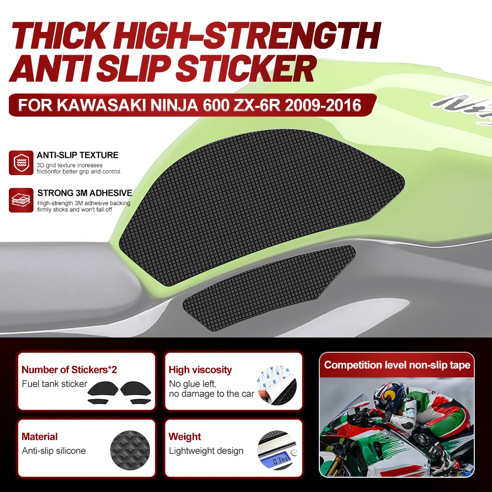 Fit For Kawasaki Ninja ZX-6R 2009-2016 Silicone Anti-Slip Tank Traction Pad Side Grip Sticker Set