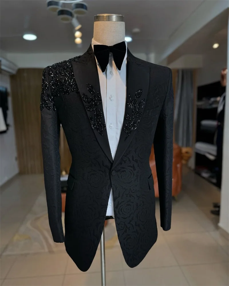 Black Crystal Men Suits Set 2 Pcs Blazer+Cotton Pants Trousers Spring Wedding Tuxedo Formal Office Business Groom Jacket Coat