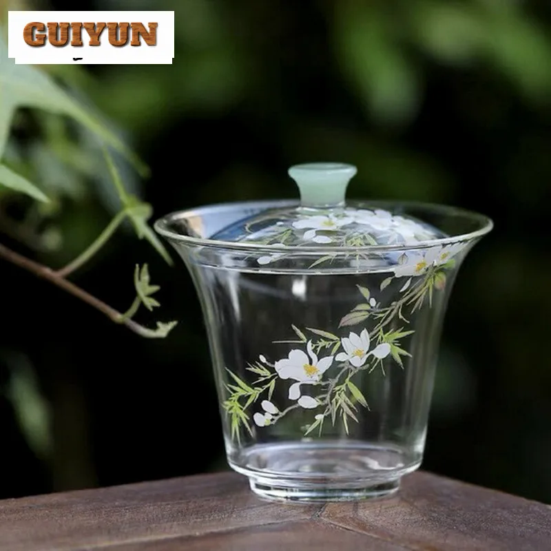 155ml High Borosilicate Glass Flower Gaiwan Vintage Transparent Non Hot Tea Tureen Tea Making Cover Bowl Tea Ceremony Decoration