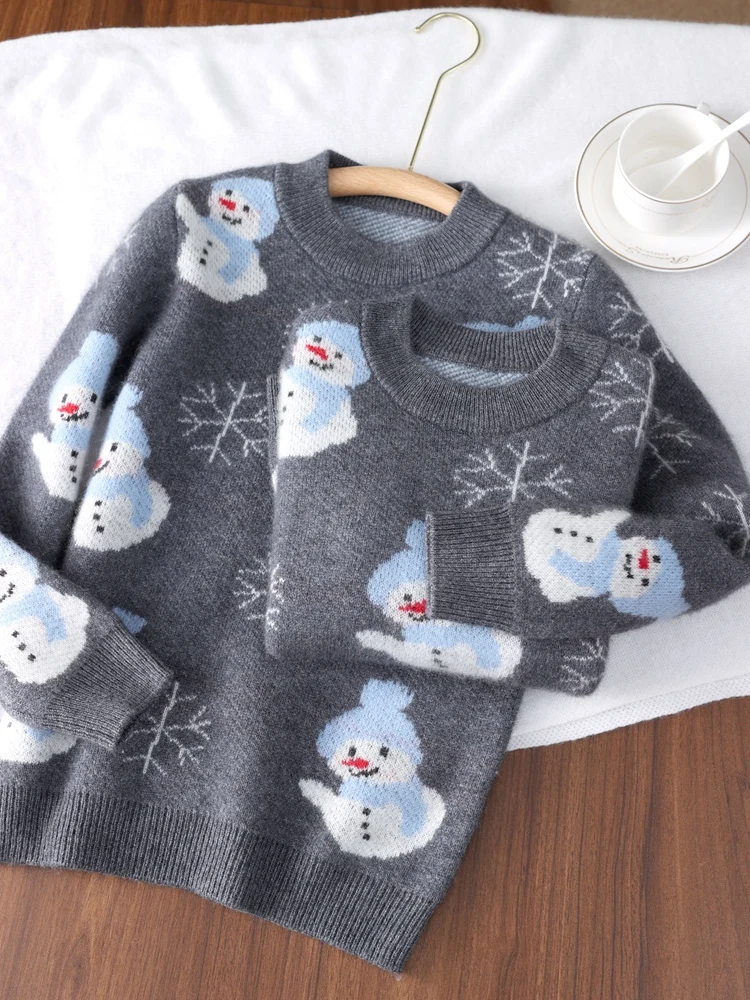 Gray Children Cashmere Sweater Boy Girl Thicken Snowman Pattern Pullover Autumn Winter Kids 100% Cashmere Knitwear Clothing Tops