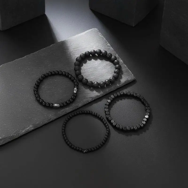 4 Stück schwarze Gallenstein-Vulkanstein-Holzperlen, mehrschichtiges elastisches Kombinationsarmband für Männer, stapelbarer Schmuck für Paare und Freunde, Geschenk. – Detail 7