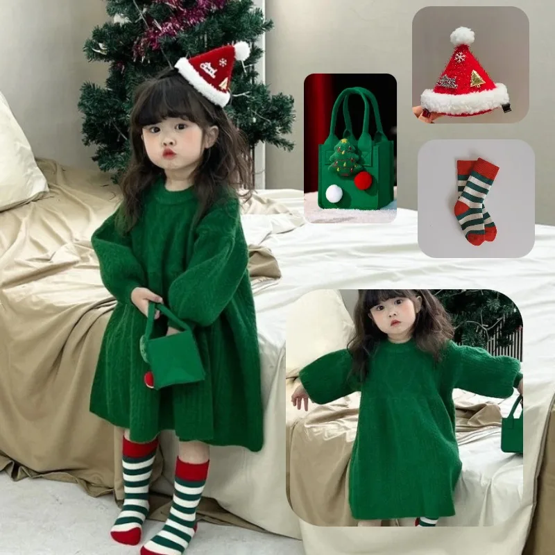 

Children Christmas Green Knitted Sweater Cosplay Costume Loose Solid Color Dress with Hat Bag Socks for Girls Xmas Party Outfits