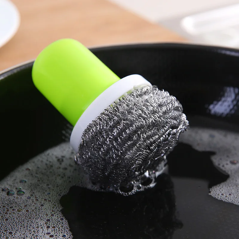 Wire Ball Brush With Long Handle Pan Cleaning Brush Dish Handle Washing Brush Stainless Steel Wire Ball Kitchen Cleaner