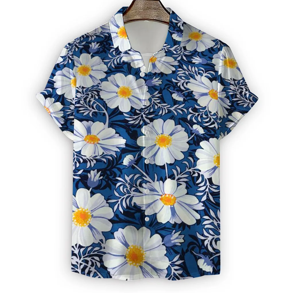 Hawaii Shirt For Men 3D Daisy Print Shirts Summer Fashion Short Sleeve Tee Chrysanthemum Pattern Blouse Oversized Men's Clothing