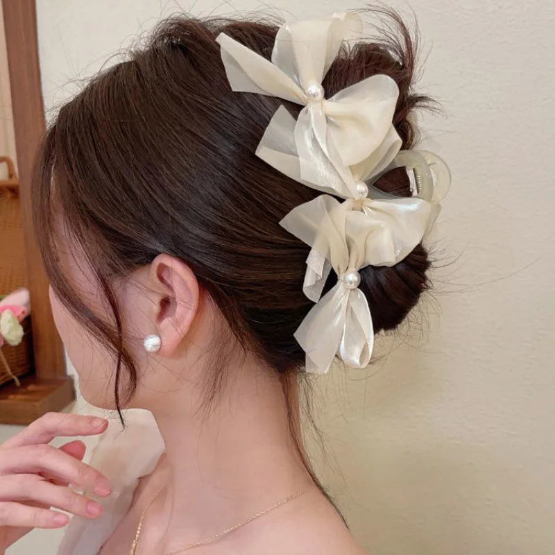 Large Bow Hair Clip for Women Sweet Bows Shark Clip 2024 New Trendy Hair Accessories Mesh Crab Hair Clips Girls Headdress