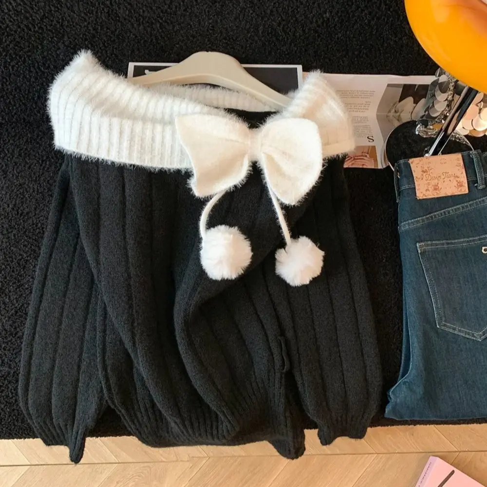

French Bow Off Shoulder Sweater Women's 2025 Autumn Winter New Style Sweet Chic Christmas Pullover Knitwear for Party Wear