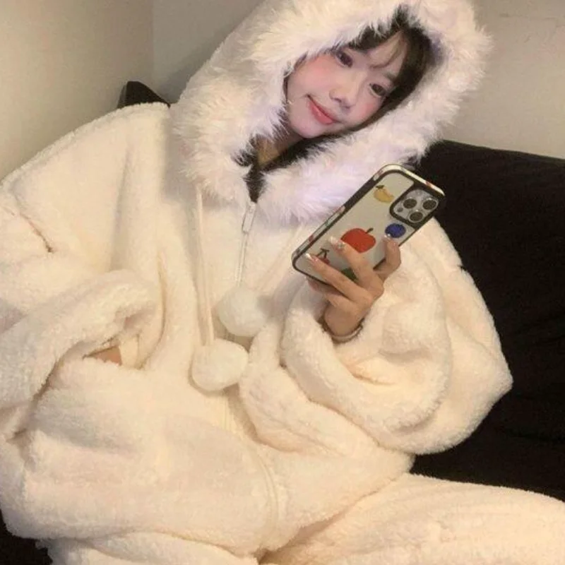 طقم بيجامة نسائي من الصوف المرجاني من Pjs بيجامة شتوية دافئة ملابس منزلية عصرية، طقم بيجامة لطيف وناعم #6