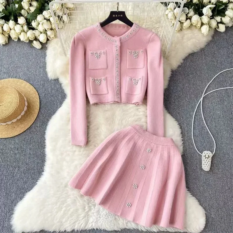 Autumn Women\'s Korean Version Fashion Design Sense Small Fragrance Style 2-Piece Set Elegant Sequin jacket Purple Half Skirt Set