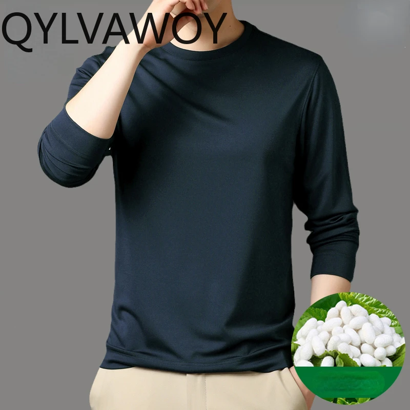 QYLVAWOY 5.8 % Mulberry Silk T-Shirts for Men New Mens T Shirts Spring Autumn Long Sleeve Top Underwear 2024 Camisa Masculina