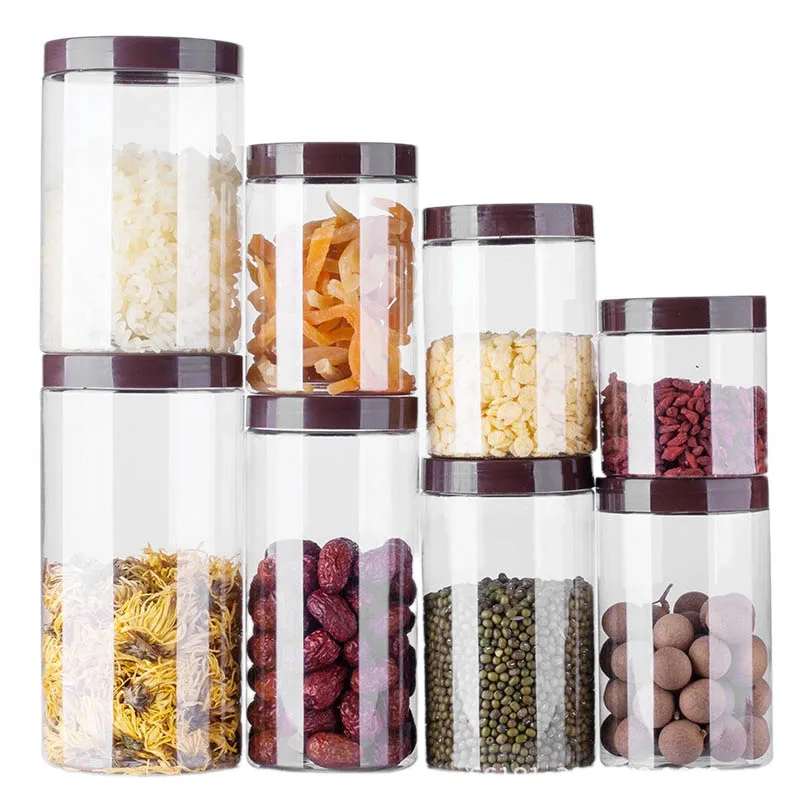 10Pcs Storage Jars With Coffee Colored Lid Multi-size Empty Food Sealed Jar Clear Plastic Grain Tank Candy Cookie Packaging Cans