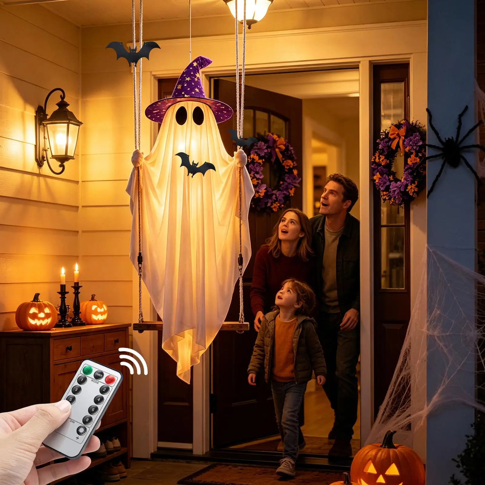 Swinging Ghost Decor With Bat 1.1 Meters Halloween Light Up Remote Control Gothic Festival Door Decorations For Haunted House