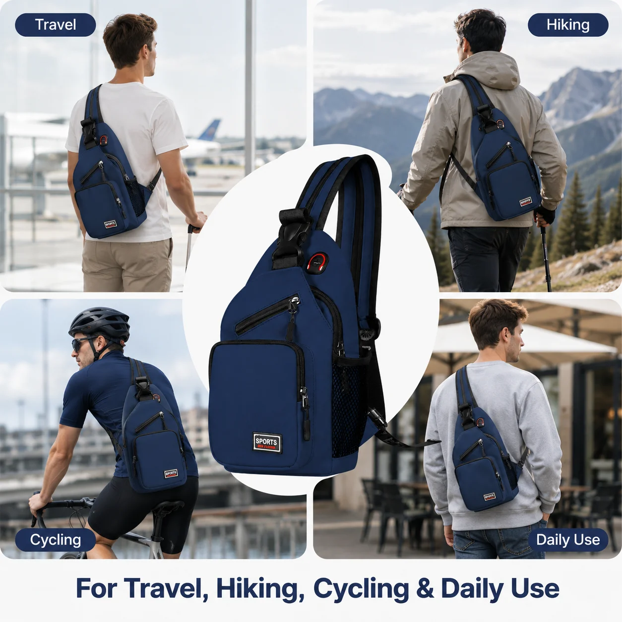 Mochila Oxford Resistente al Agua, Ligera, Tipo Bandolera, con Múltiples Bolsillos y Bolsillo Lateral de Malla para Viajes, Senderismo y Ciclismo
