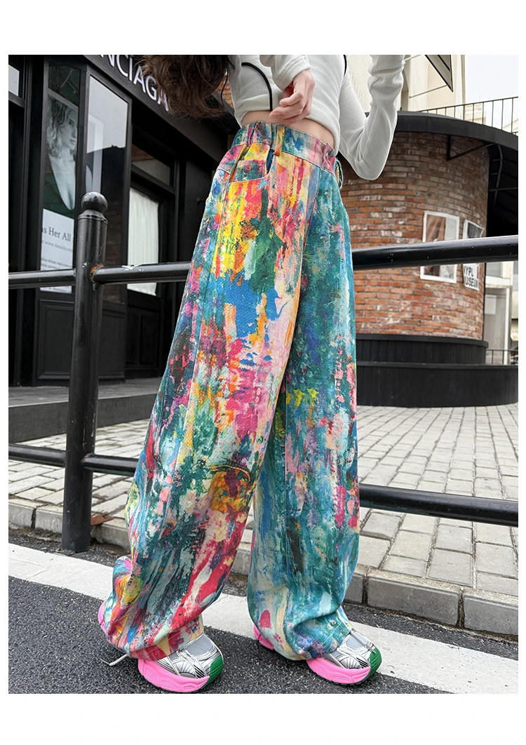 Street-Style Kinder-Jeans mit Bunten Prints für Teenager-Mädchen, Modische Hip-Hop-Tanz-Jeans, Trendige Hiphop-Denim-Hosen für Kinder – Detail 12