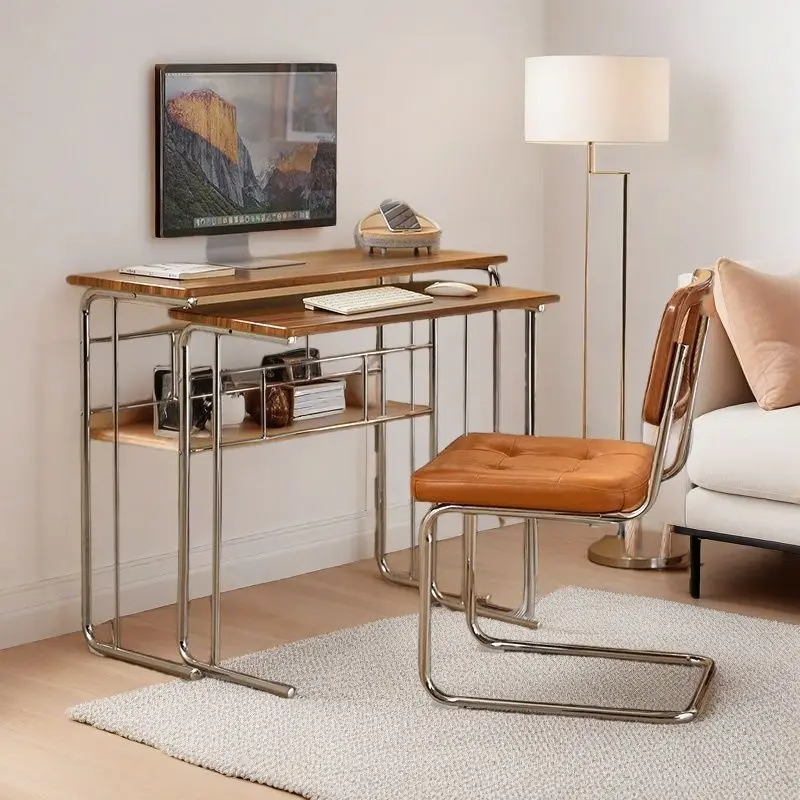 Modern 2-Tier Computer Desk With Storage Shelf Chrome Metal Frame Wood Top Pull-Out Keyboard Tray Home Office Workstation