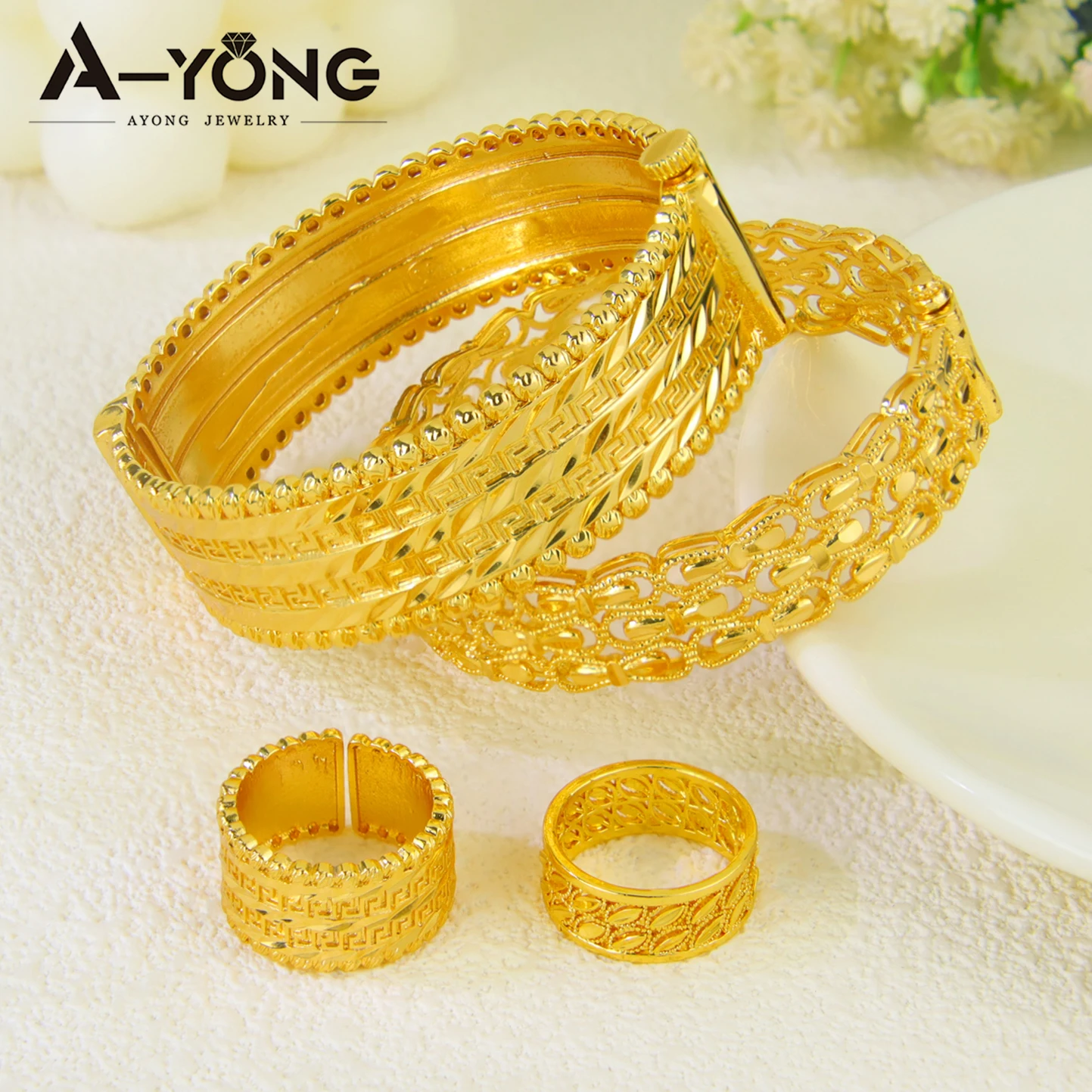 Italian Fashion Zirconia Jewelry Set 24k Gold Plated Arabic Bridal Wedding Bangles Rings Habesha Women Daily Party Jewelrys