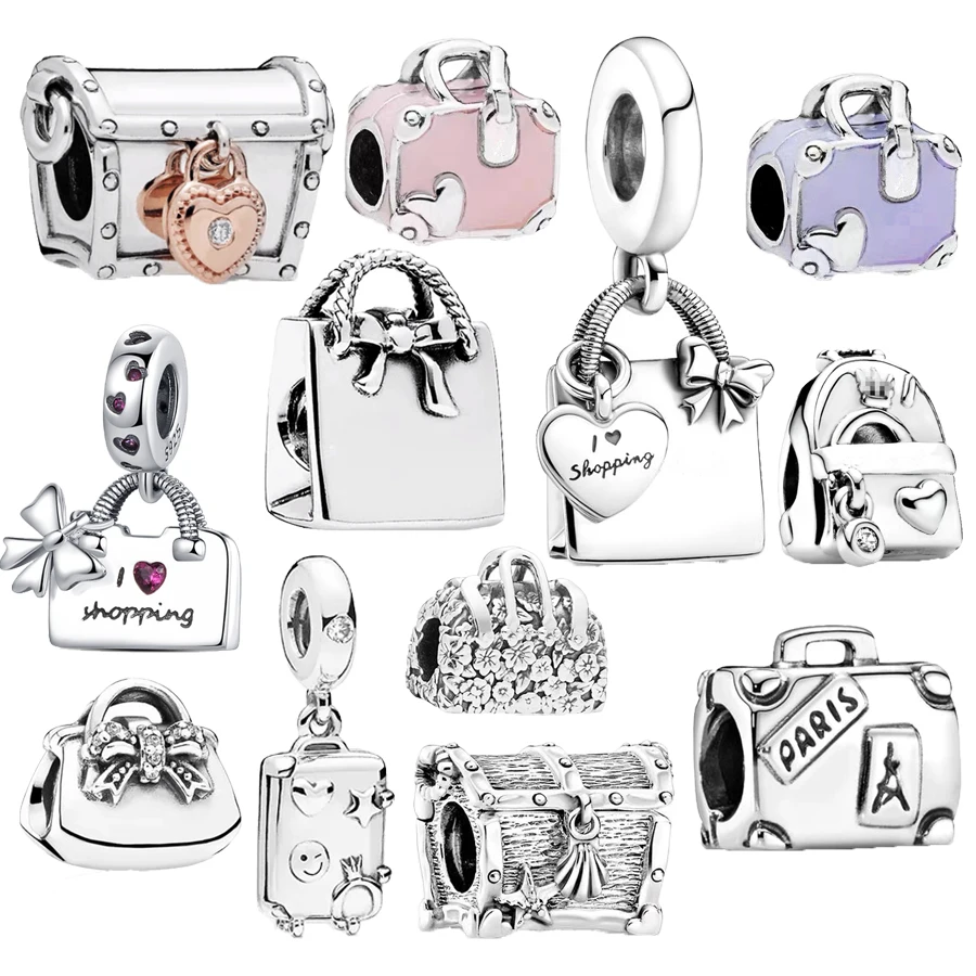 Hot Shopping Bag Backpack Adventure Suitcase Charm Bead Fit Original 925 Sterling Silver Bracelet DIY Fashion Women Jewelry Gift