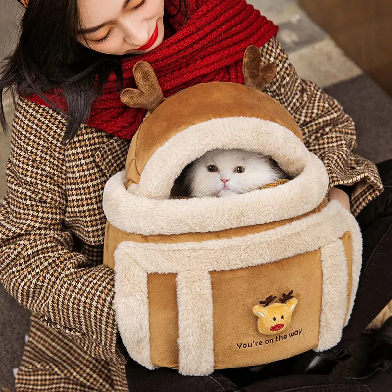 Winter Cat Carrier Backpack Warm Small Pet Carring Bags Soft Plush Pets Cage for Outdoor Travel Pet Hanging Chest Bags 9kg