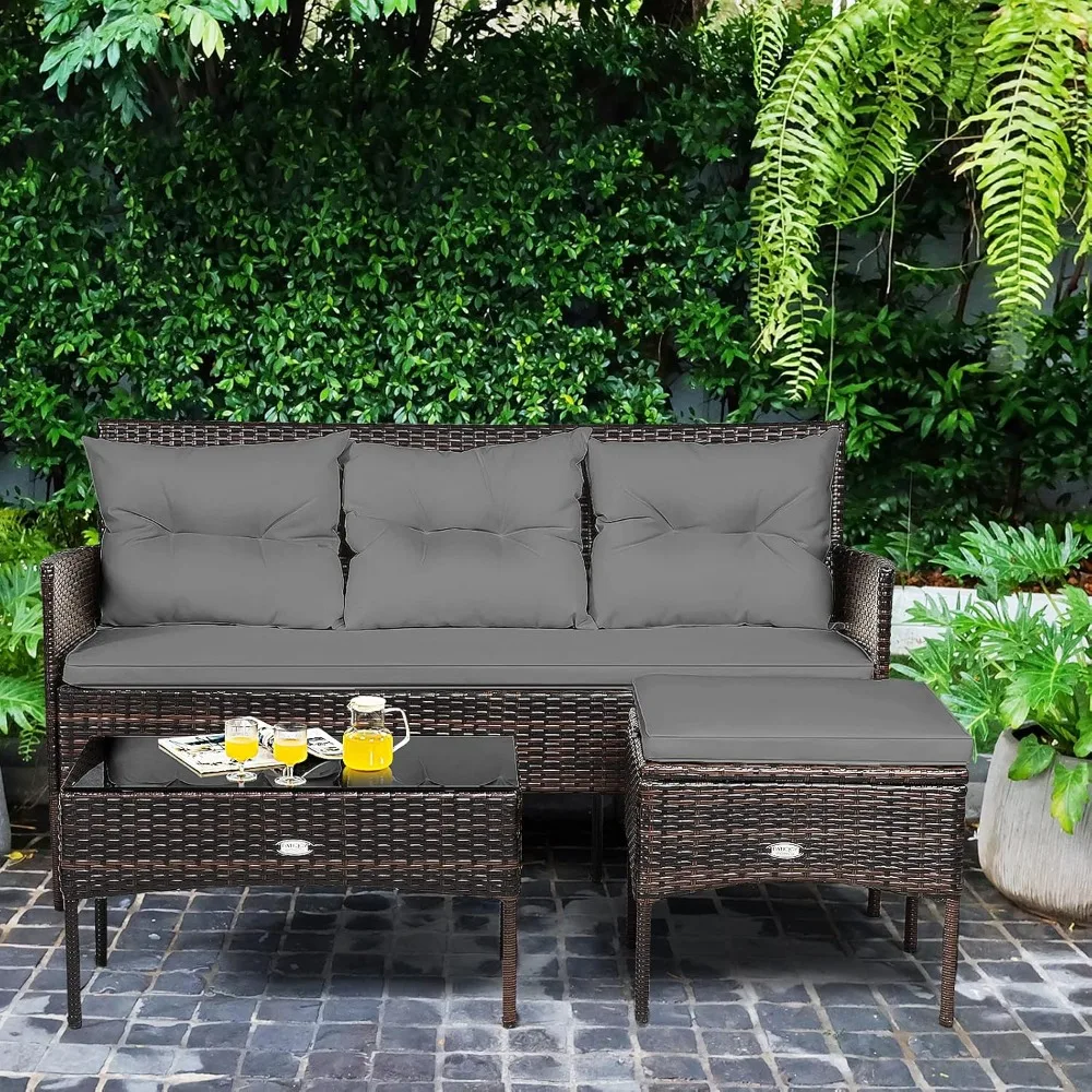 

Outdoor Rattan Conversation Set Patio Furniture Set with Tempered Glass Coffee Table, 5 Elastic Seat & Back Cushions