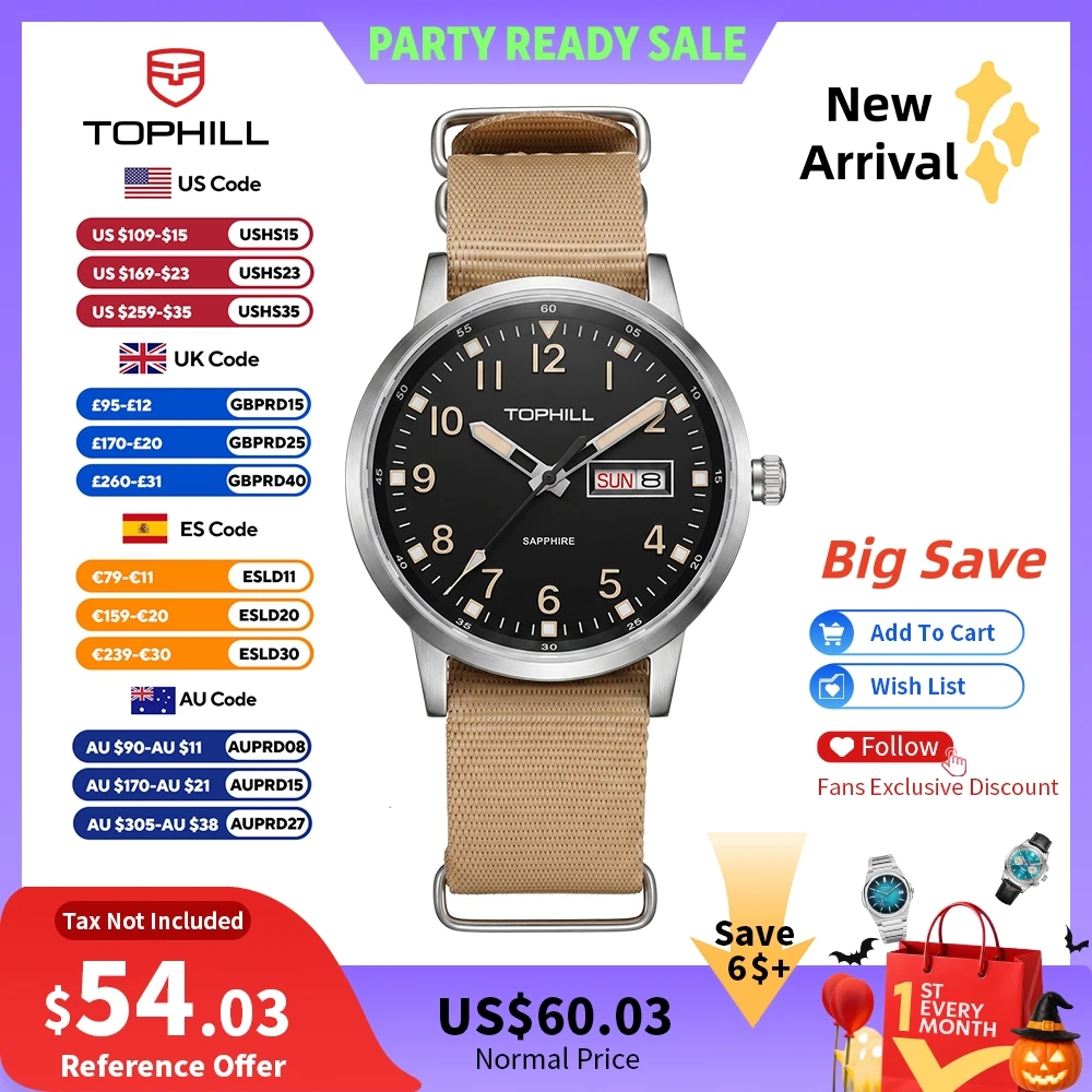 TOPHILL Quartz Pilot Watch 40mm Miyota GR02 316L Stainless Steel Sapphire Glass 3H Day Date Window C3 BGW9 Luminous 5Bar TW105G
