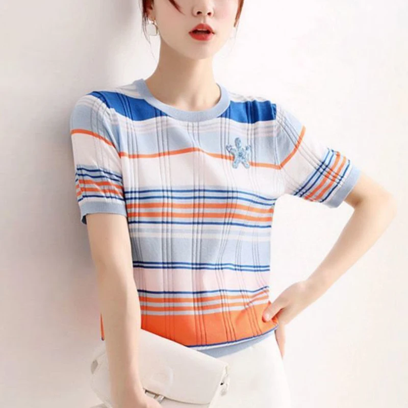 Summer Round Neck Striped Knitted Tee Women Loose Casual Fashion Short Sleeve All-match Pullovers Ladies Comfortable T-shirt Top