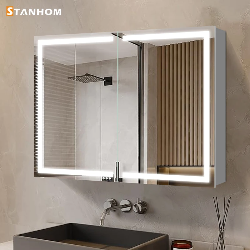 UKCA CE RoHS Mirror Bathroom Cabinet Custom Large LED Mirror Storage Metal Cabinet Manufacturer view 2
