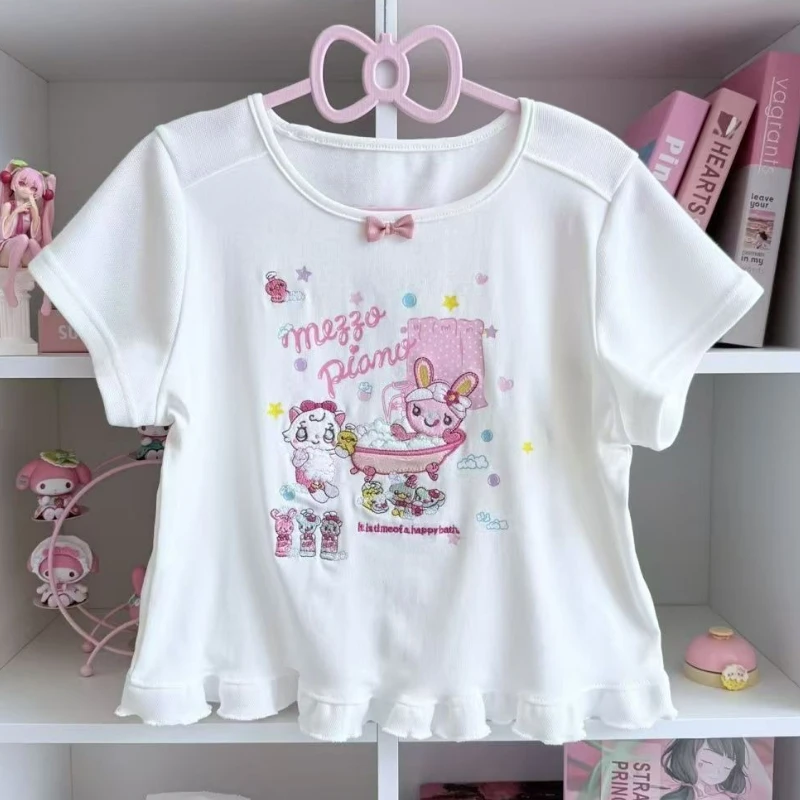 

Японский кавайный милый укороченный топ с мультяшным принтом Harajuku Sweet Bow Lolita Футболка женская Y2k Эстетические тонкие футболки Винтаж Фея Гранж