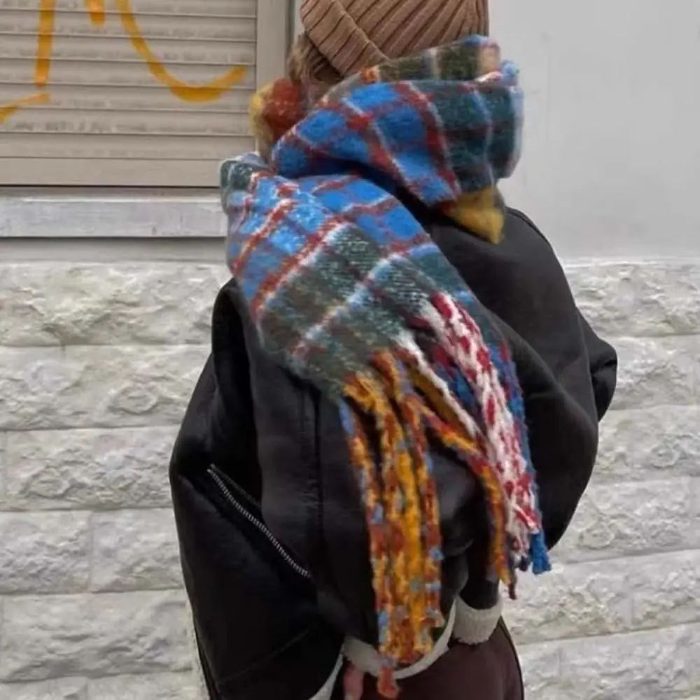 

Retro Tassel Plaid Wool Scarf Rainbow Color Winter Cashmere Scarves Cashmere Shawl Solid Color Long Shawl Autumn Winter
