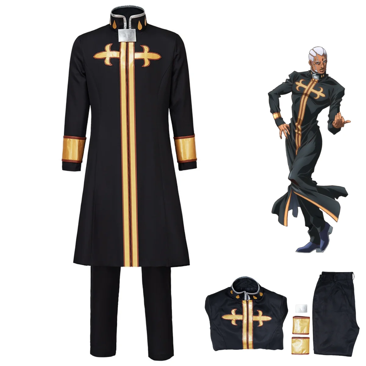Disfraz de JoJo's Bizarre Adventure Stone Ocean Enrico Pucci, abrigo negro de manga larga, uniforme, traje de Navidad para hombre