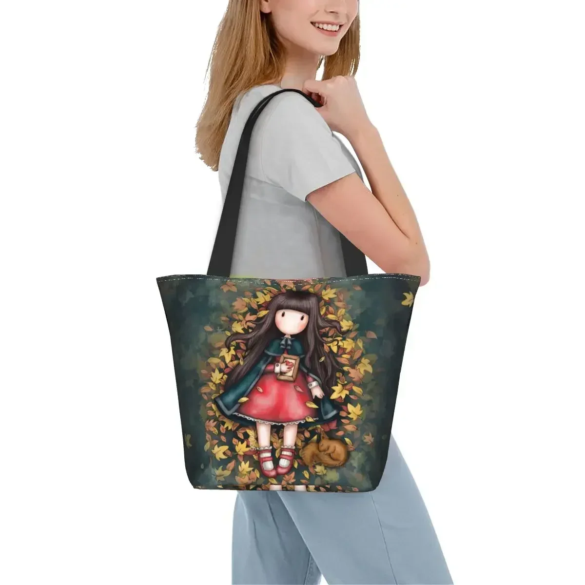 Autumn Leaves Santoro Gorjuss Grocery Shopping Bags Canvas Shopper Tote Shoulder Bag Big Capacity Portable Anime Girl Handbag