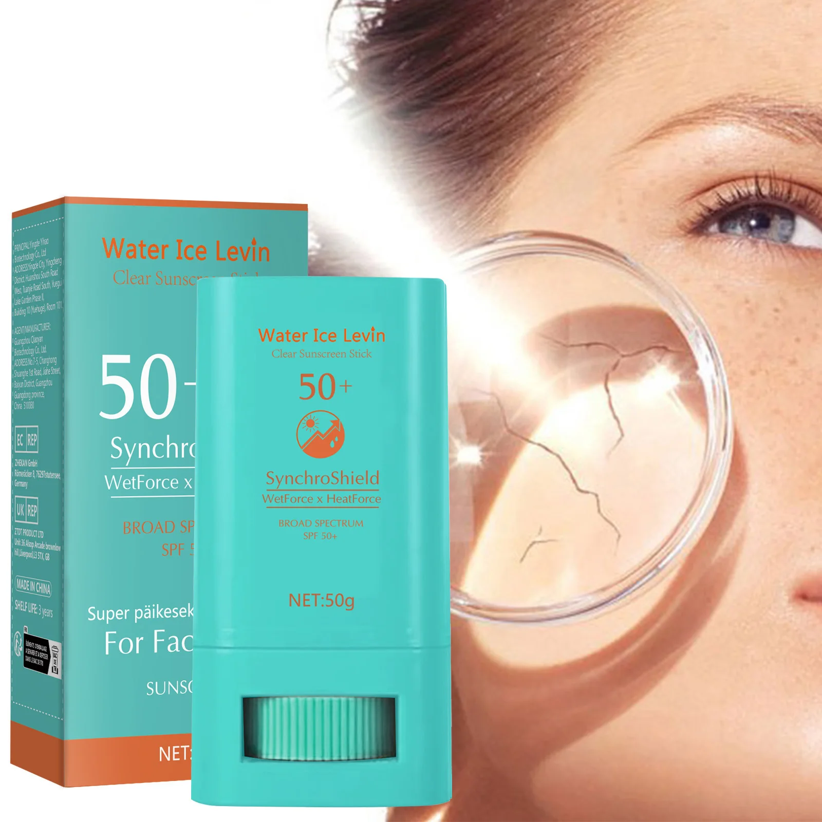 Protector Solar en Barra Water Ice Levin Clear SPF50+ SynchroShield WetForce HeatForce. Protección de amplio espectro. Protector Solar Facial de 50g.