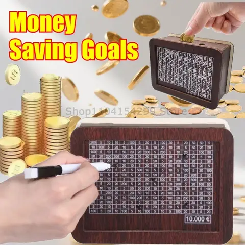 Wooden Piggy Bank Reusable Handmade Money Box, Piggy Bank with Saving Goal and Numbers To Check for Helps The Habit of Saving