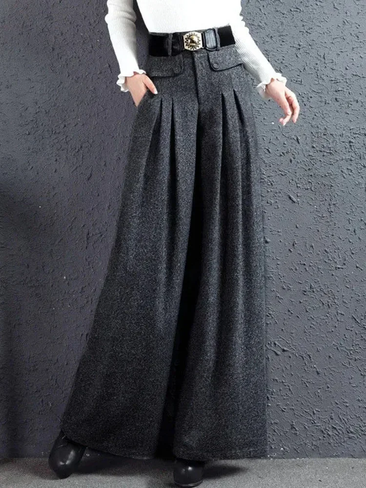 

Autumn Winter Woolen Blend Elegant High Waist Belt Wide Leg Pants Women Baggy Korean Fashion Pantalones Trouser E768