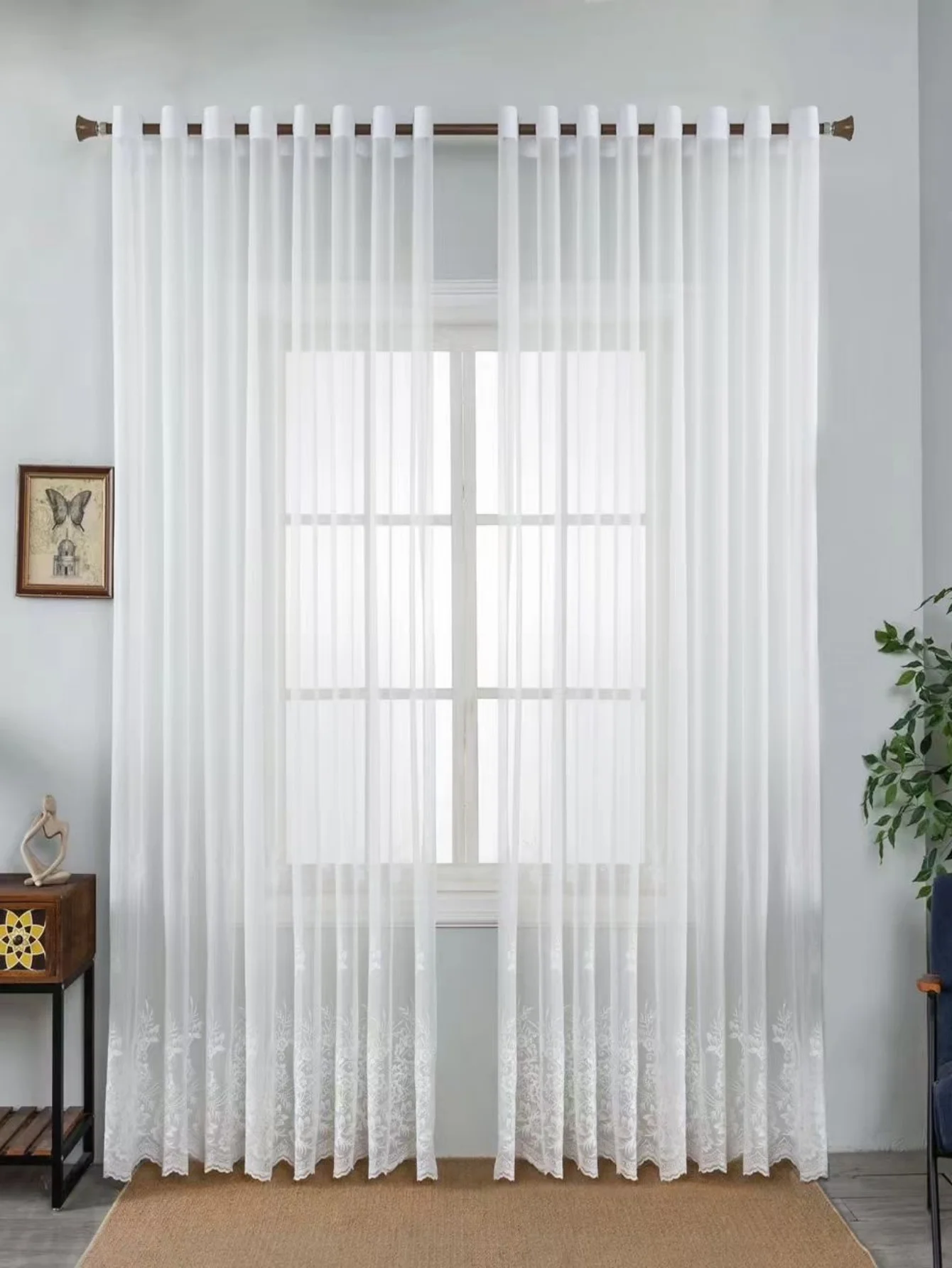 Sheer Curtains White Embroidered Floral VoileDrapes for Living room, Bedroom