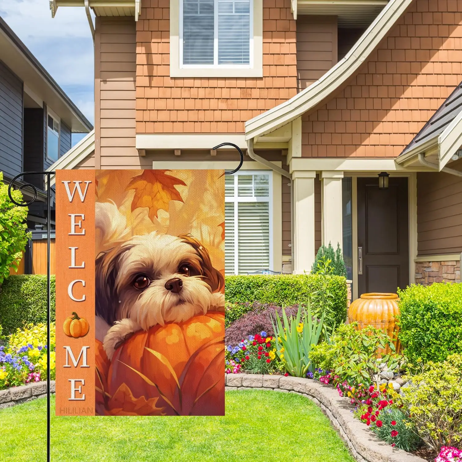 Shih Tzu Flag 12x18 Double Sided, Burlap Small Pumpkins Garden Yard House Flags Outside Outdoor Autumn Porch Lawn Decoration xxl