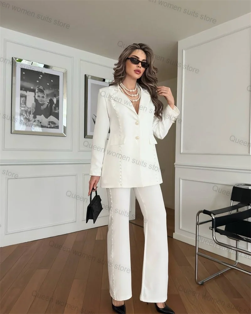 

White Pearls Women Suit Pants Set 2 Piece Blazer+Trousers Autumn Formal Office Lady Jacket Coat Wedding Tuxedos Custom Made