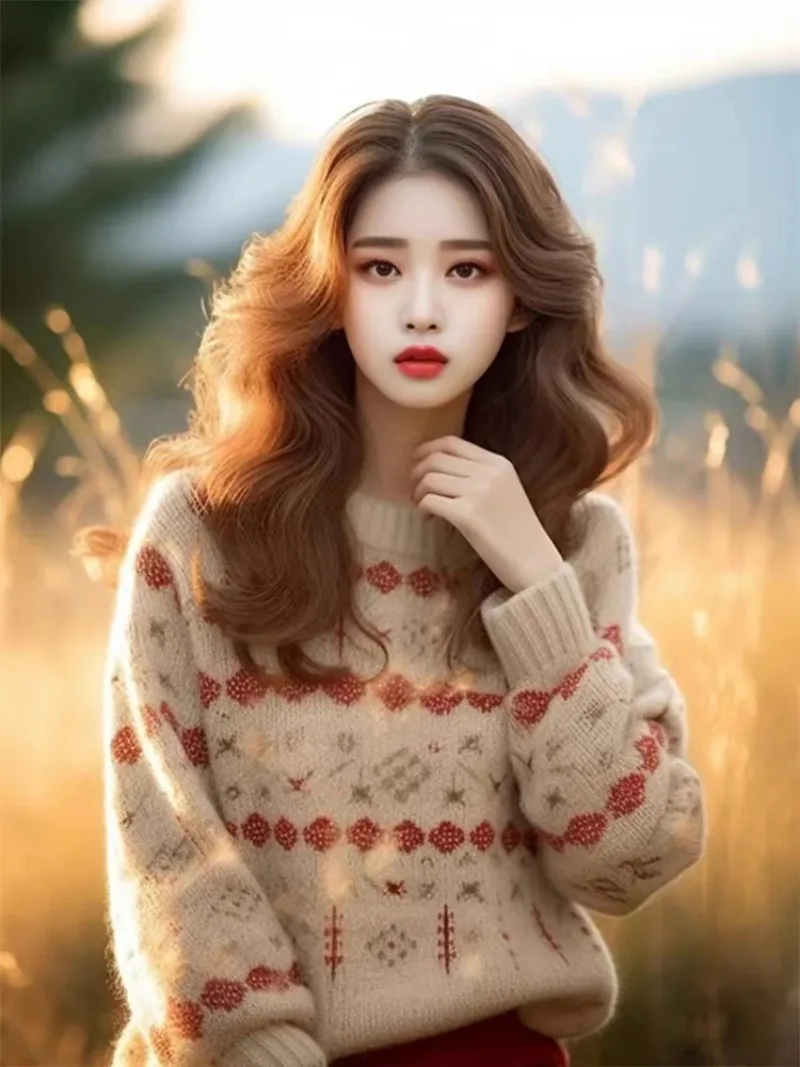 เสื้อสเวตเตอร์ถักไหมพรมผู้หญิง สไตล์เกาหลี เสื้อผ้าฤดูหนาว แฟชั่นหลวมๆ สไตล์ลำลองสำหรับฤดูใบไม้ร่วง เสื้อจั๊มเปอร์ลายแจ็คการ์ด แขนยาว เสื้อพูลโอเวอร์ผู้หญิง