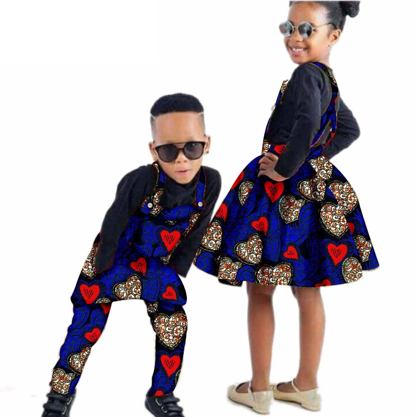 African Children Clothing Wax Print Ankara Boy Suspender Trousers And Girl Suspender Skirt 100% Cotton African Clothes for Kids