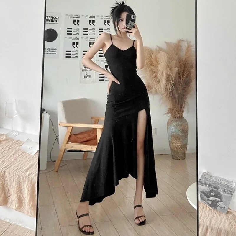 Sexy Side-slit Dress Women Trumpet Design Club Fashion Chic Irregular Party Summer Hotsweet Slim Spaghetti Straps Solid Vestidos