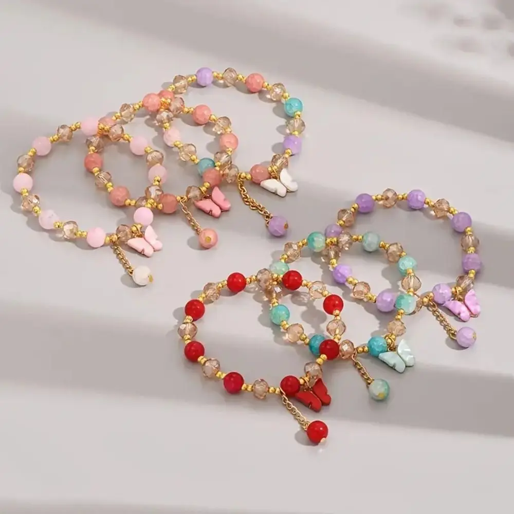 Colorful Glass Beads Beaded Bracelet Set With Butterfly Pendant Adjustable Hand Jewelry For Women