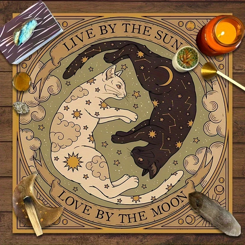 VIKAMA Mysterious Sun and Moon Cat Altar Tablecloth Starry Sky and Celestial Elements Tarot Cards Divination Room Decoration