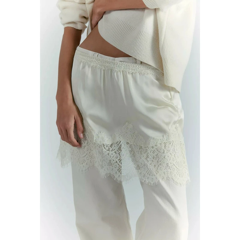 Women's Sheer Eyelash Floral Lace Hem Patchwork Satin Silk Mini Skirts Elastic Low Rise Y2k Trendy Silky Half Slip Underskirts