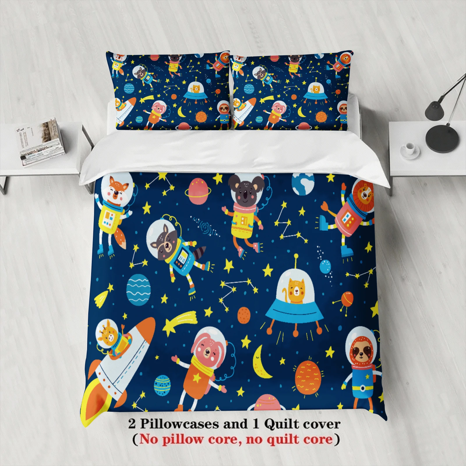 3pcs Cartoon Space Animals Bedding Sets Dormitory For Students 3D Printed Outer Space Theme Duvet Cover Sets With 2 Pillowcases