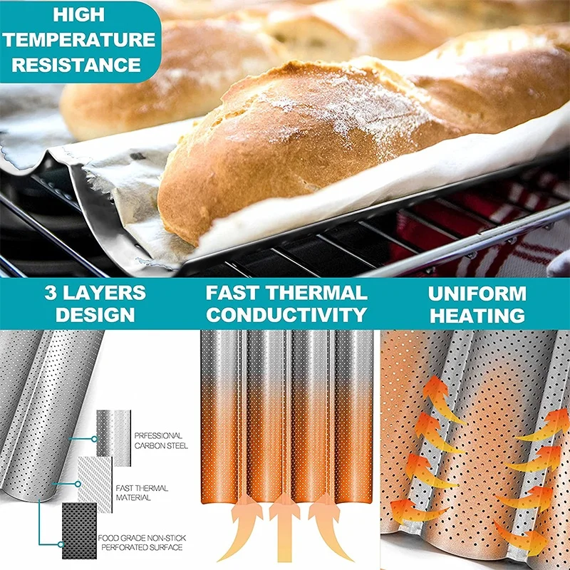 1 STÜCK Antihaft-Perforierte Backform für französisches Brot, Baguette-Pfanne aus Kohlenstoffstahl, französisches Brot, 4 Wellen, Laib-Backform, Küchenablage