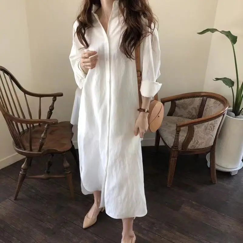 Solid Color Lapel Collar Cotton and Linen Coat Women Spring Loose Large Size Comfortable Office Lady Affordable Shirt Dress