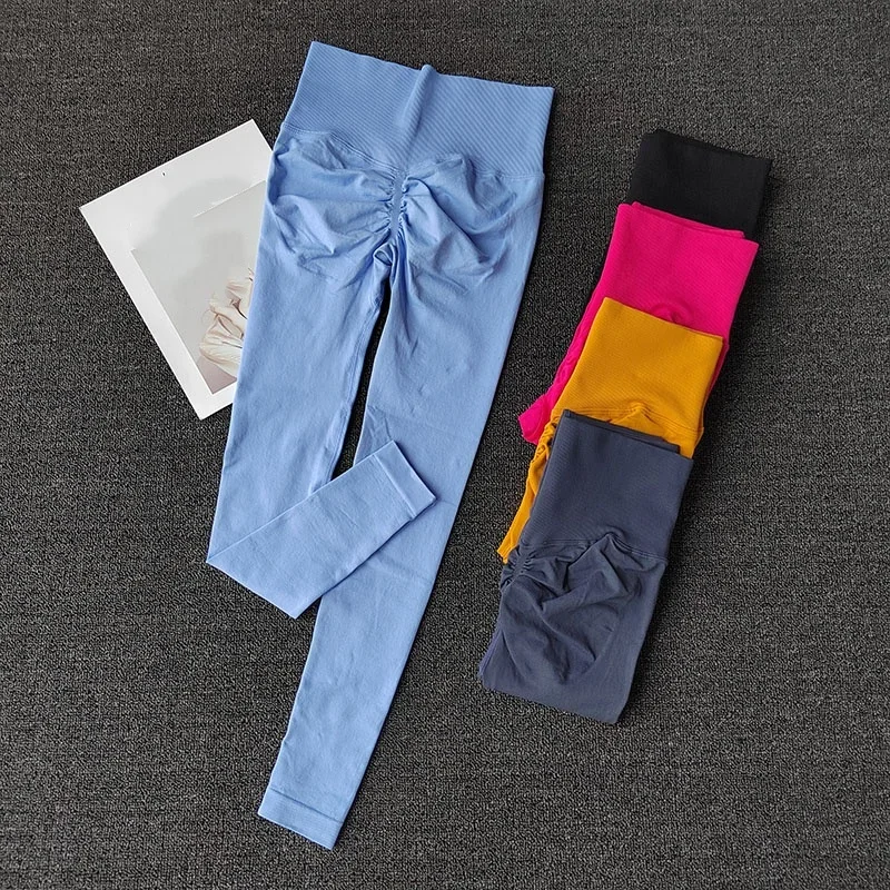 심리스 요가 레깅스] 하이 엘라스틱 심리스 요가 레깅스 - 여성 피트니스 퀵 드라이 푸쉬업 스포츠 팬츠 - 솔리드 하이웨이스트 R