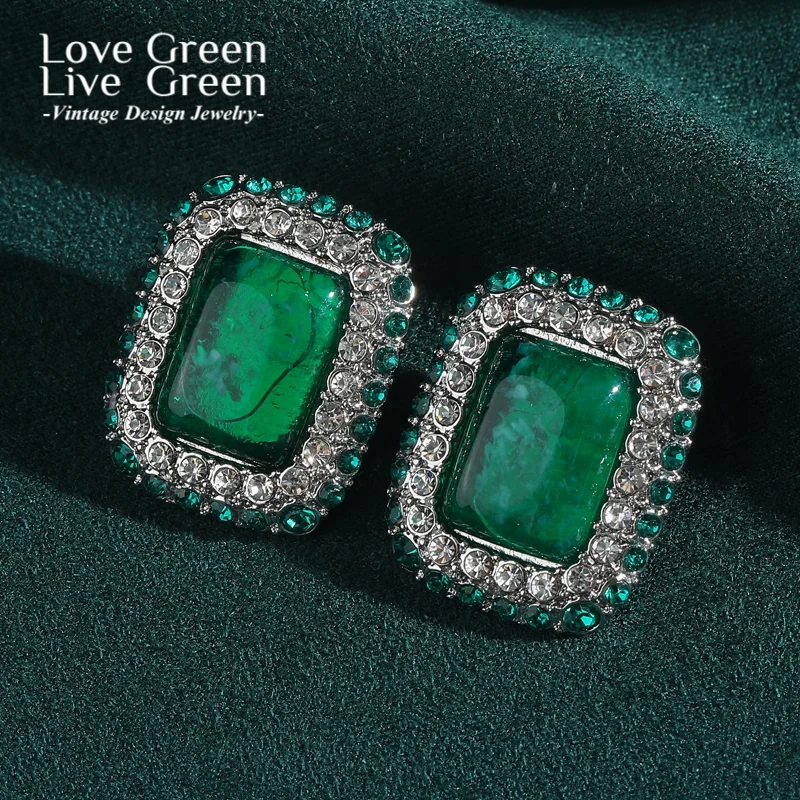 Pendientes cuadrados Vintage de piedra Natural verde, aretes con diamantes de imitación, accesorios de noche de lujo para mujer antigua, joyería para boda