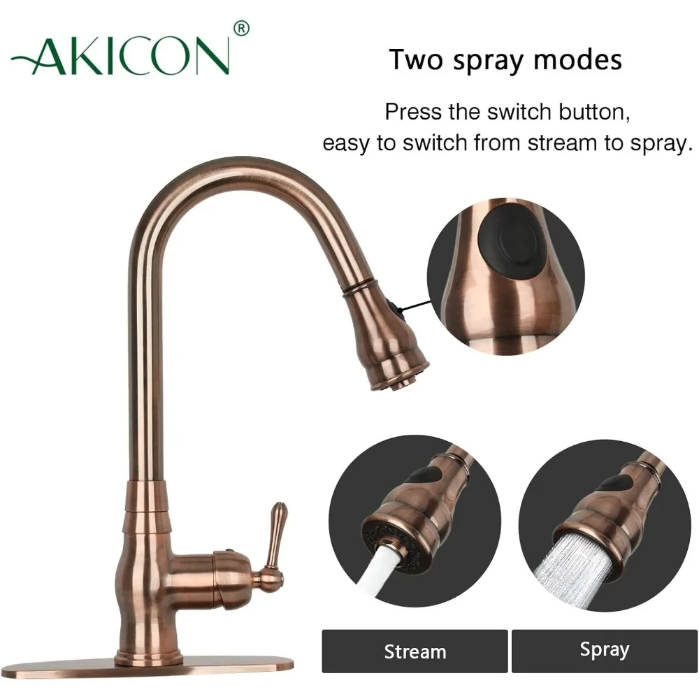 Antique Copper Single Level Solid Brass Pull-Down Kitchen Faucet with Deck Plate for Sink, One-Handle Design